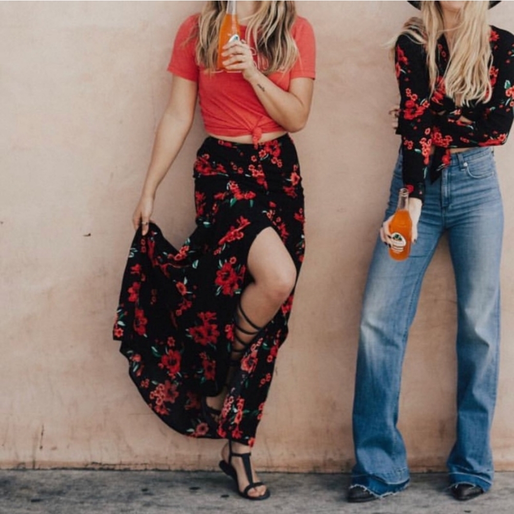 OTHERS FOLLOW RED BLACK FLORAL MAXI SKIRT